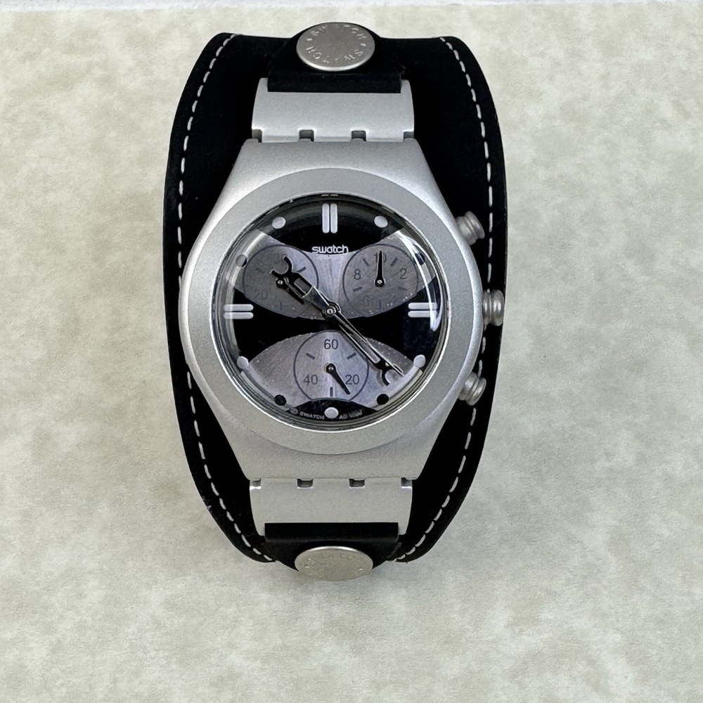 Black‎ Beast Swatch Midi Chrono Leather Strap- YMS1005 (Untested, Needs Battery)